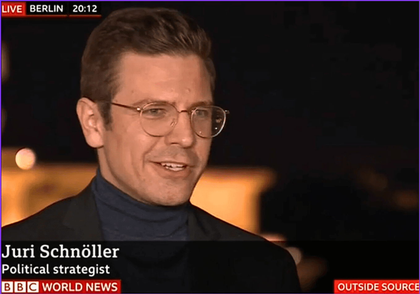 Juri Schnöller appearing live on BBC World News as a political strategist.